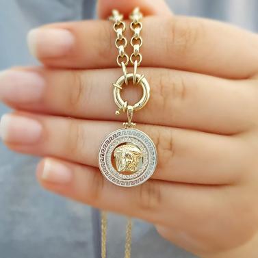 Küçük Versace Desenli Medusa Madalyon Altın Kolye KL07978