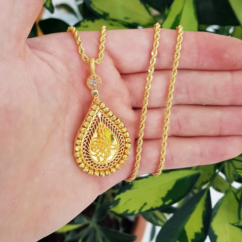 Altın Halat Zincirli Kenar Detaylı Tuğra Kolye Altın Plaza