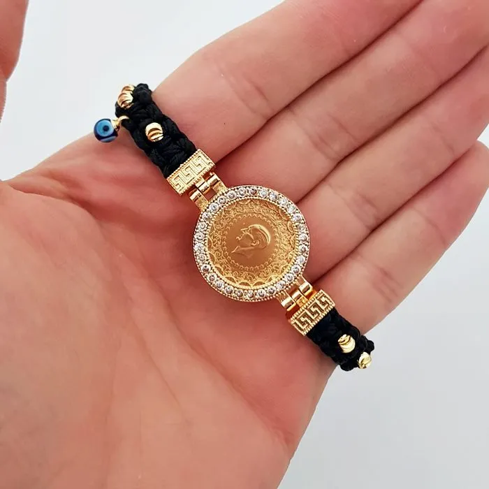 Menteşeli Nazarlıklı Çeyrek Altınlı İpli Bileklik FB01524