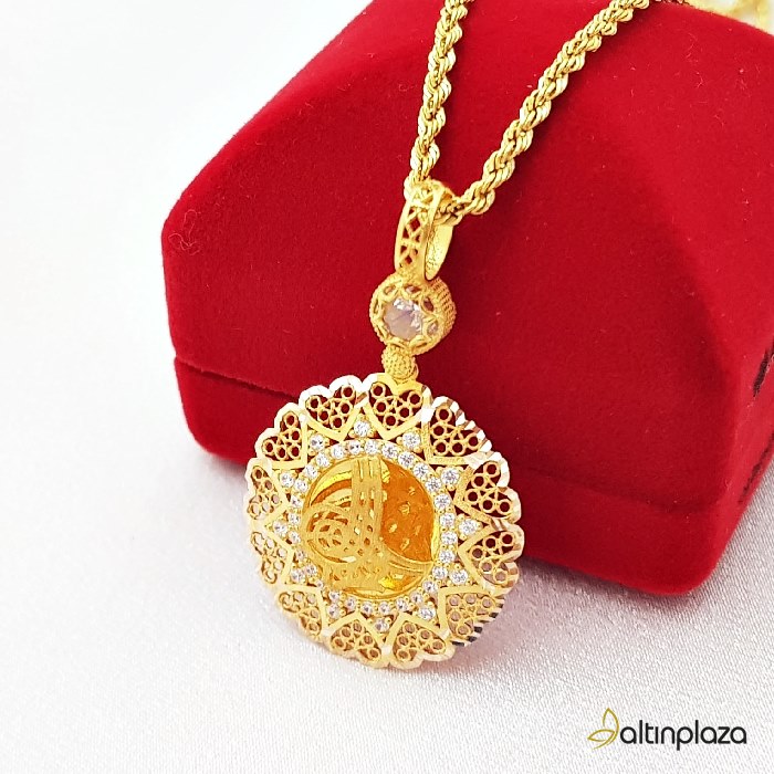 14 Ayar Tuğralı Kalp Detaylı Altın Kolye