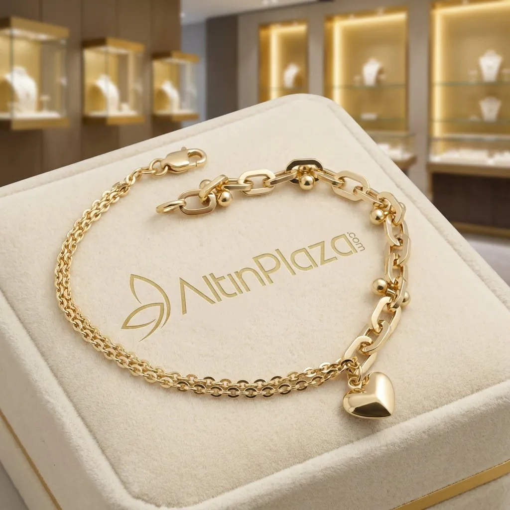 14 Ayar Altın Çift Zincirli Zarif Kalp Charm Bileklik KN10145
