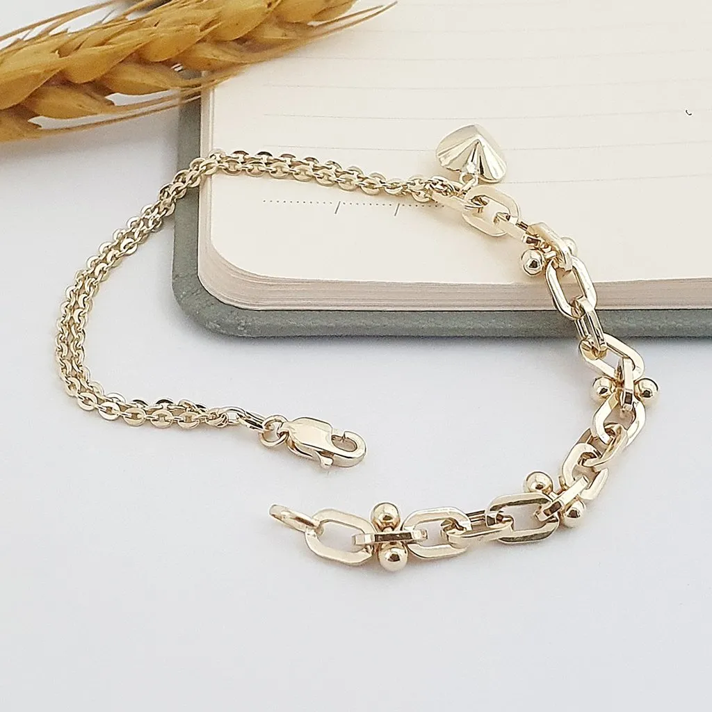 14 Ayar Altın Çift Zincirli Zarif Kalp Charm Bileklik KN10145