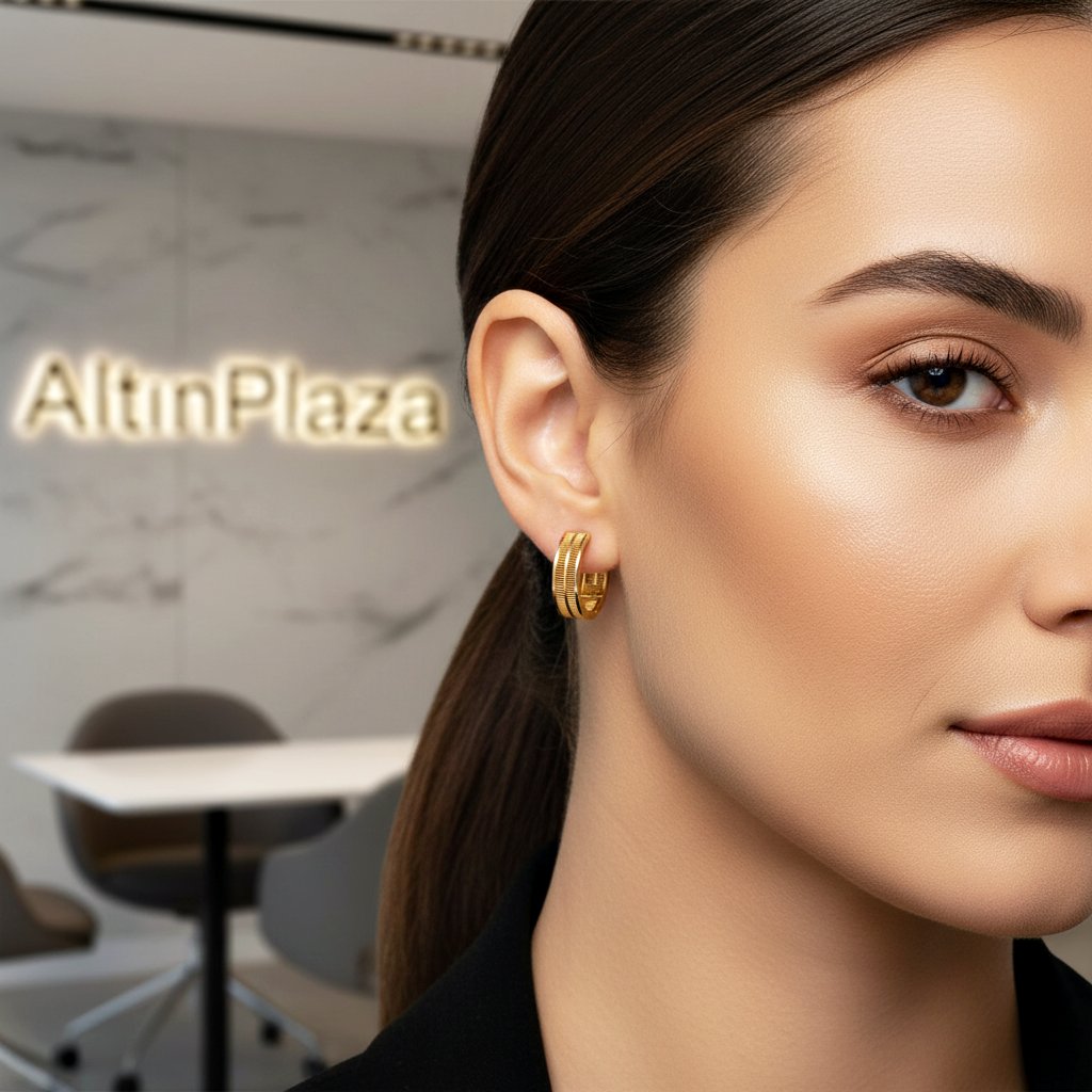 14 Ayar Altın Çizgi Armoni Orta Boy Halka Küpe 18mm KP12423