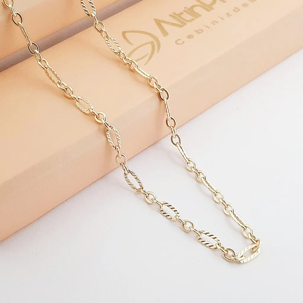 14 Ayar Altın Çizgili Oval Halkalı Zincir Kolye 55cm ZN06342