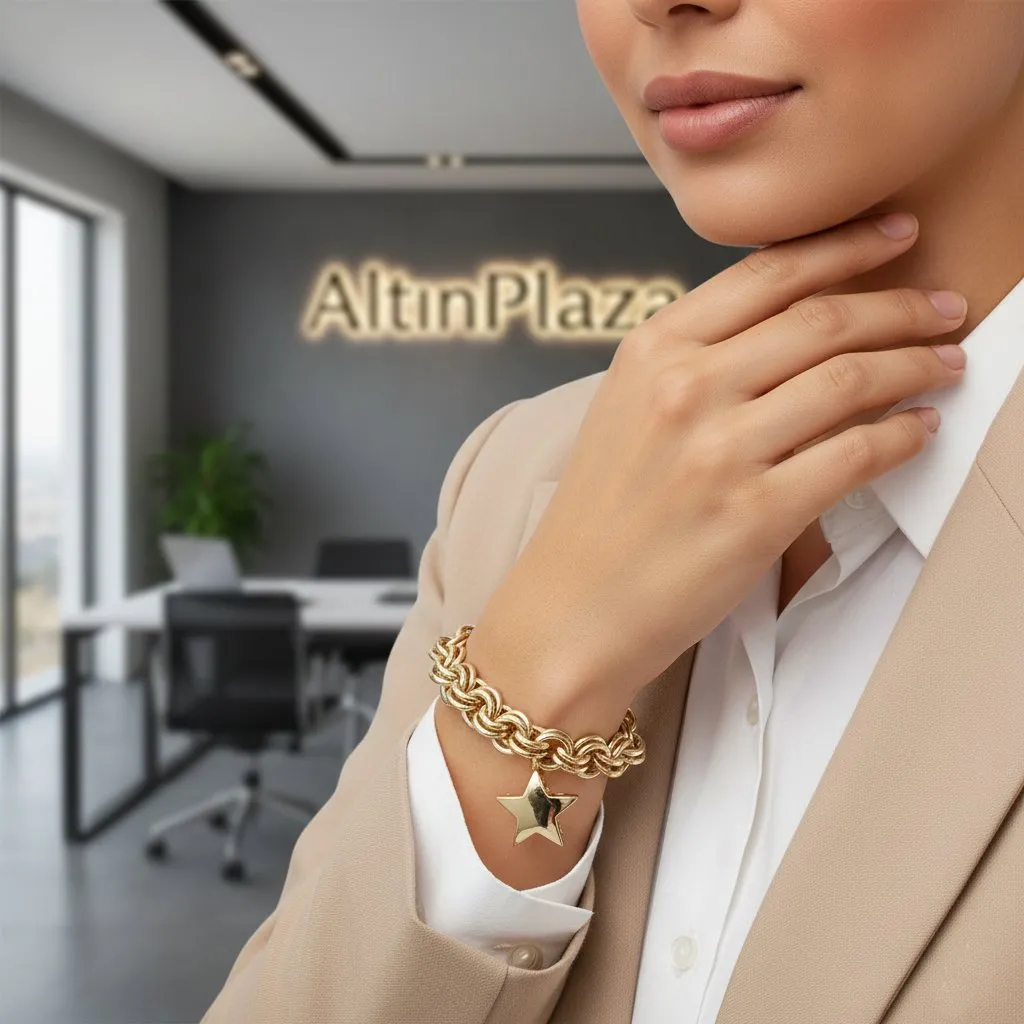14 Ayar Altın Duble Doch Zincir Yıldız Charm Bileklik KN10033