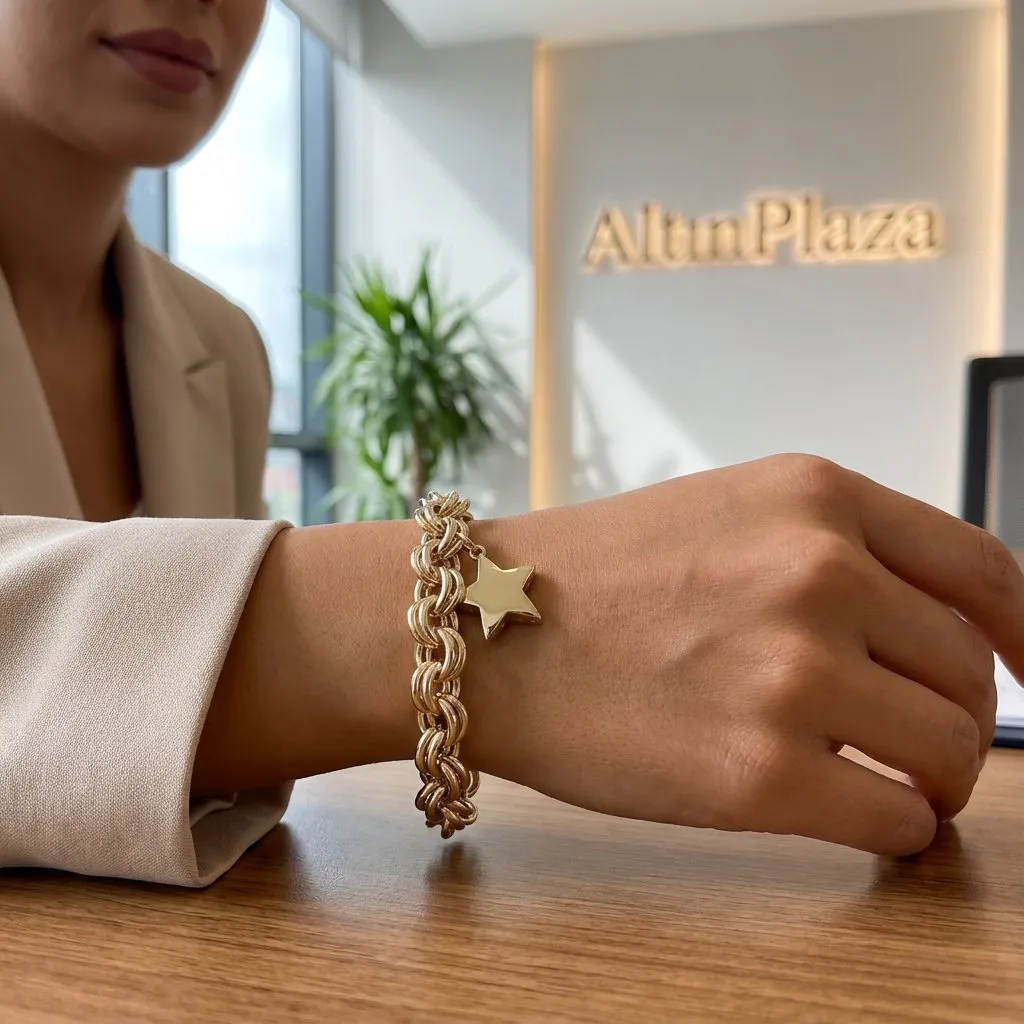 14 Ayar Altın Duble Doch Zincir Yıldız Charm Bileklik KN10033
