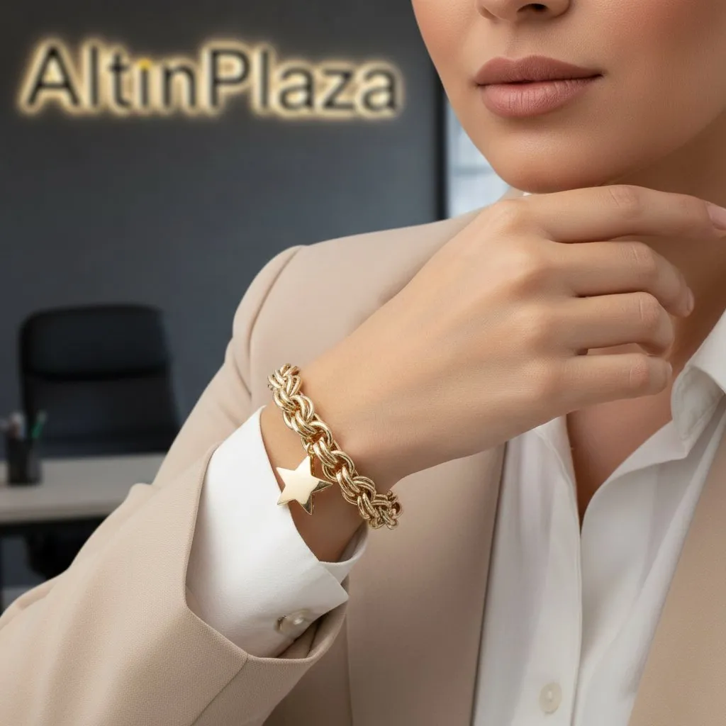 14 Ayar Altın Duble Doch Zincir Yıldız Charm Bileklik KN10033