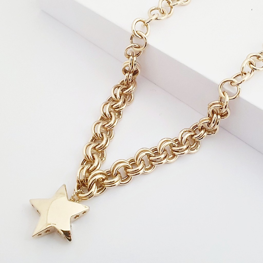 14 Ayar Altın Duble Doch Zincir Yıldız Charm Kolye KL14309