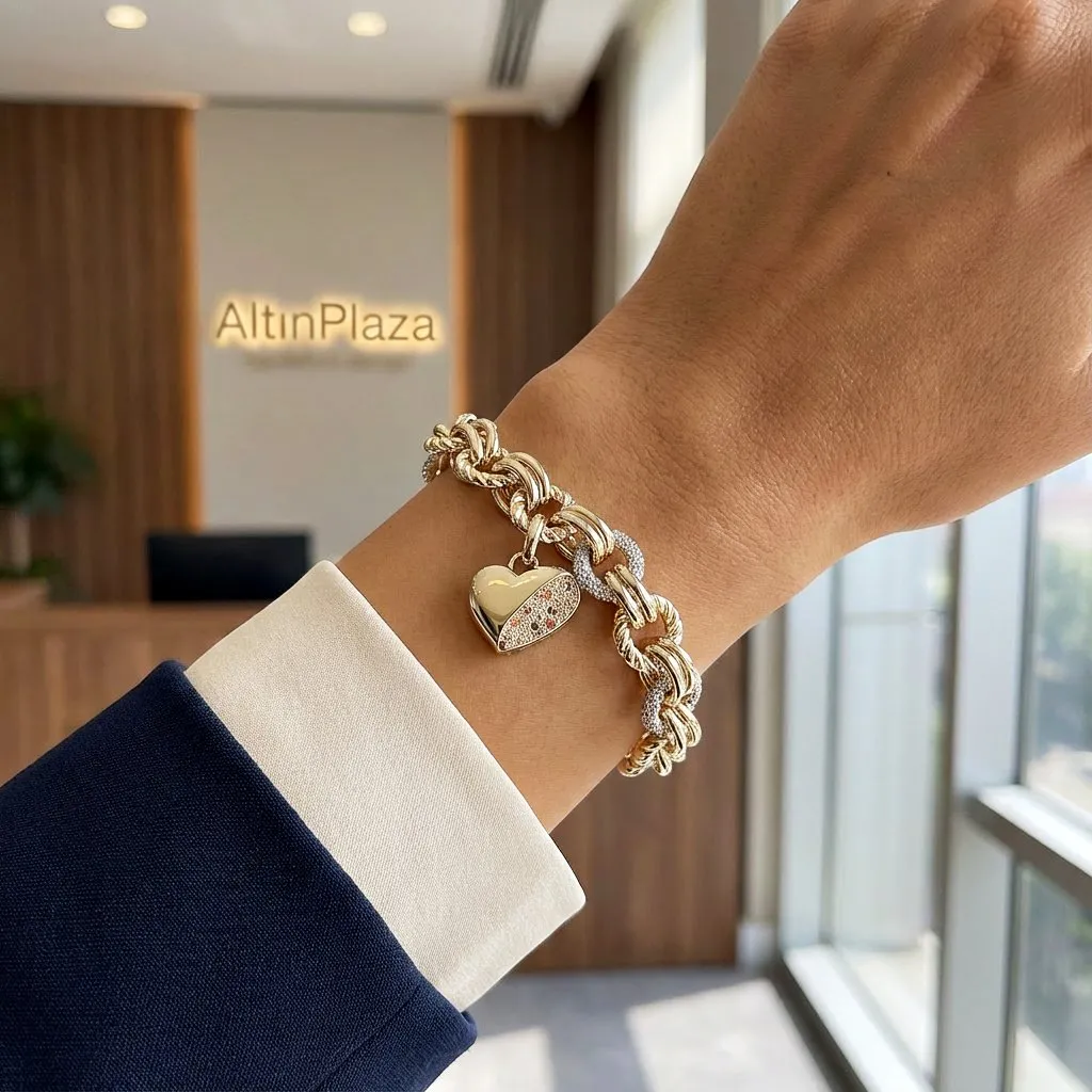 14 Ayar Altın Gösterişli Zincir İri Kalpli Charm Bileklik KN10135