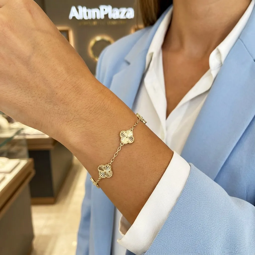 14 Ayar Altın Mini Ataç Zincir Aynalı Yonca Bileklik KN10205