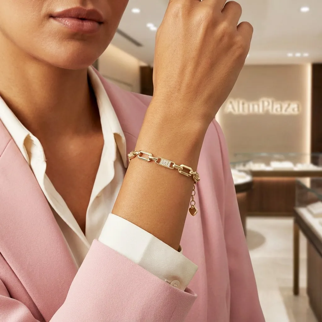 14 Ayar Altın Minimal Pave Detay Ataç Zincir Bileklik KN10128
