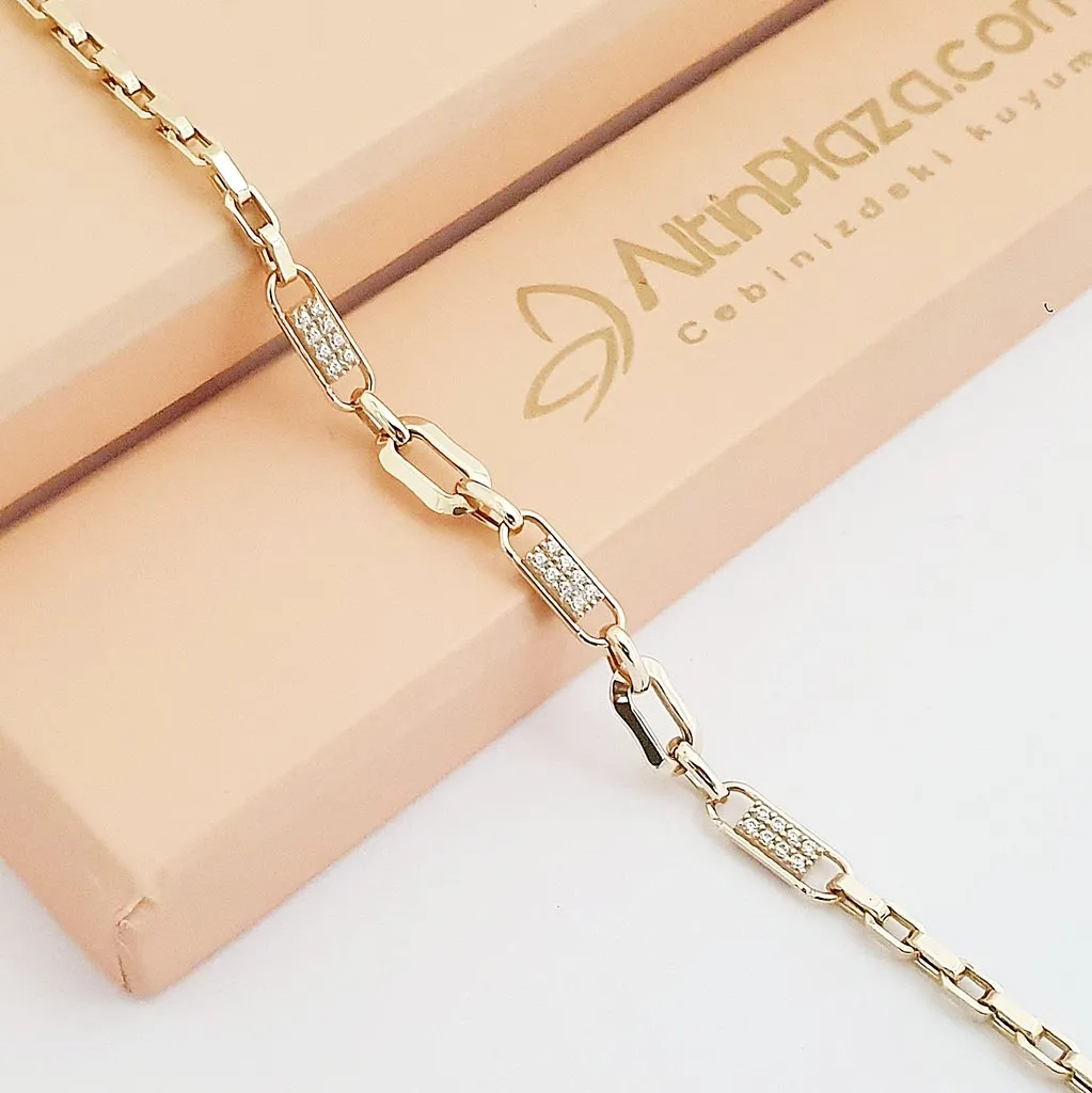 14 Ayar Altın Minimal Pave Detay Ataç Zincir Bileklik KN10128