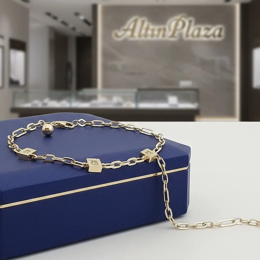 14 Ayar Altın Taşlı Küp Detaylı Modern Zincir Bileklik KN10127