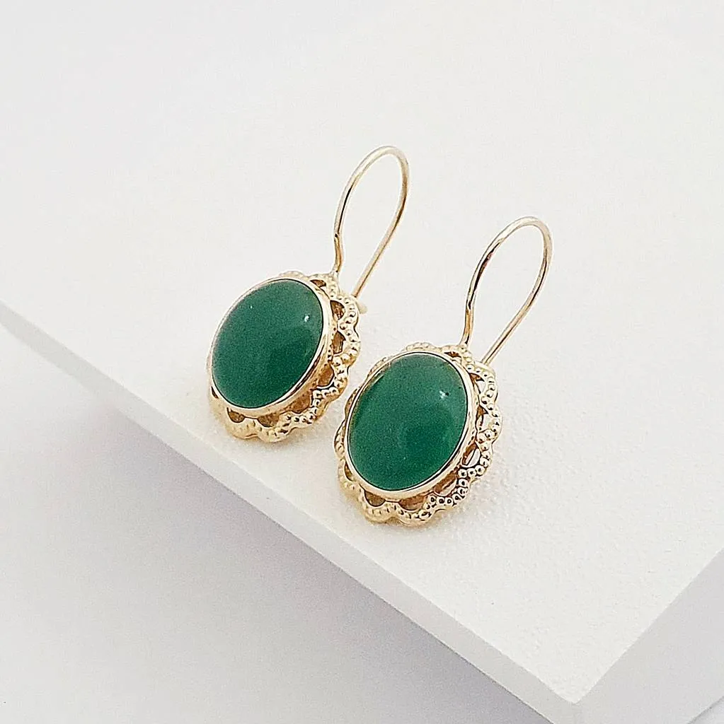 14 Ayar Altın Vintage Yeşil Taşlı Sallantılı Küpe KP13188