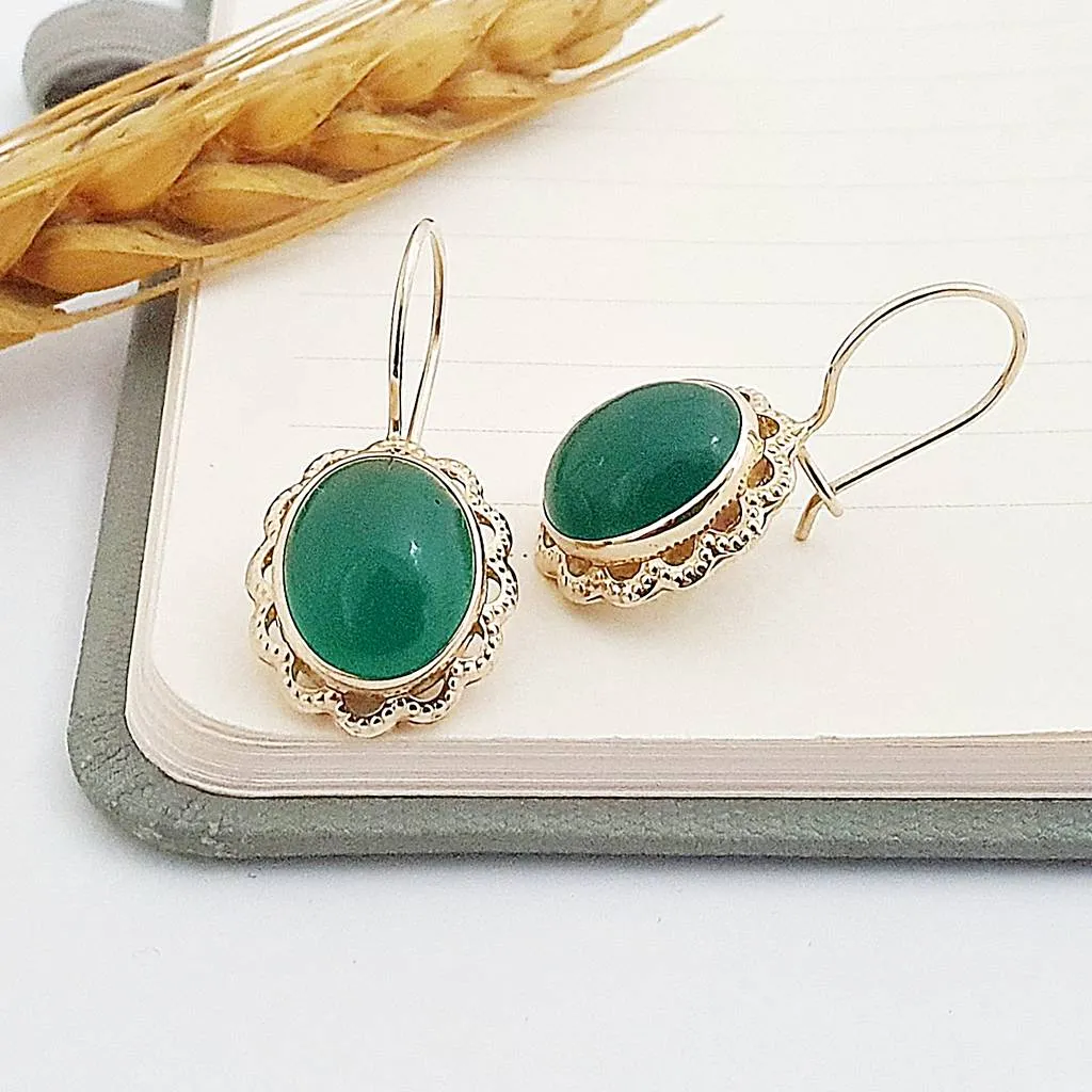 14 Ayar Altın Vintage Yeşil Taşlı Sallantılı Küpe KP13188
