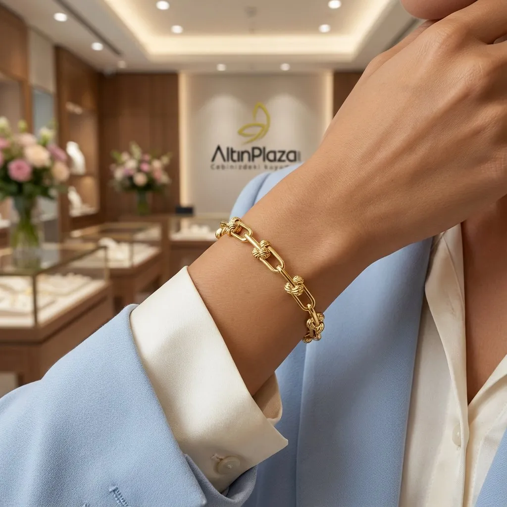 14 Ayar Sarı Altın Dorika Toplu Ataç Zincir Bileklik KN10256