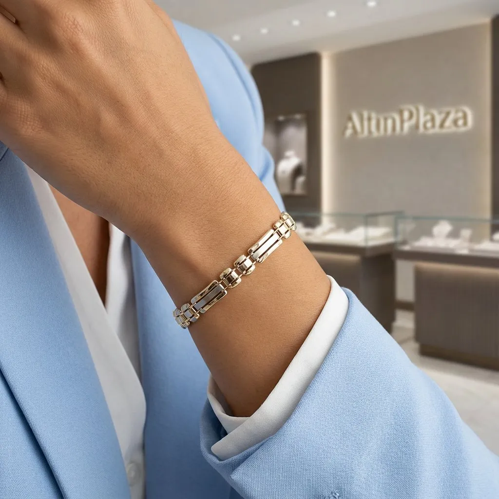 14 Ayar Sarı-Beyaz Altın Orta Şeritli Edge Bileklik 397597