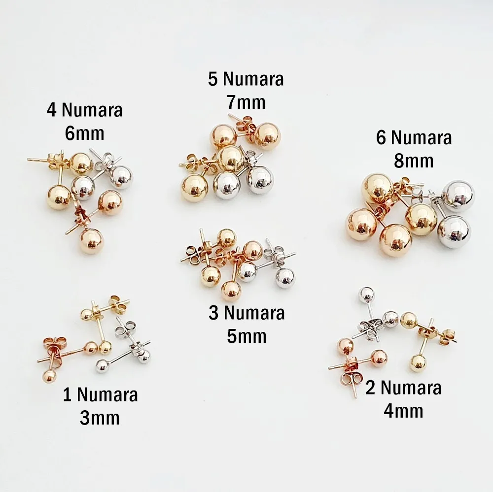3 Numara Düz Parlak Altın Top Küpe TPD03