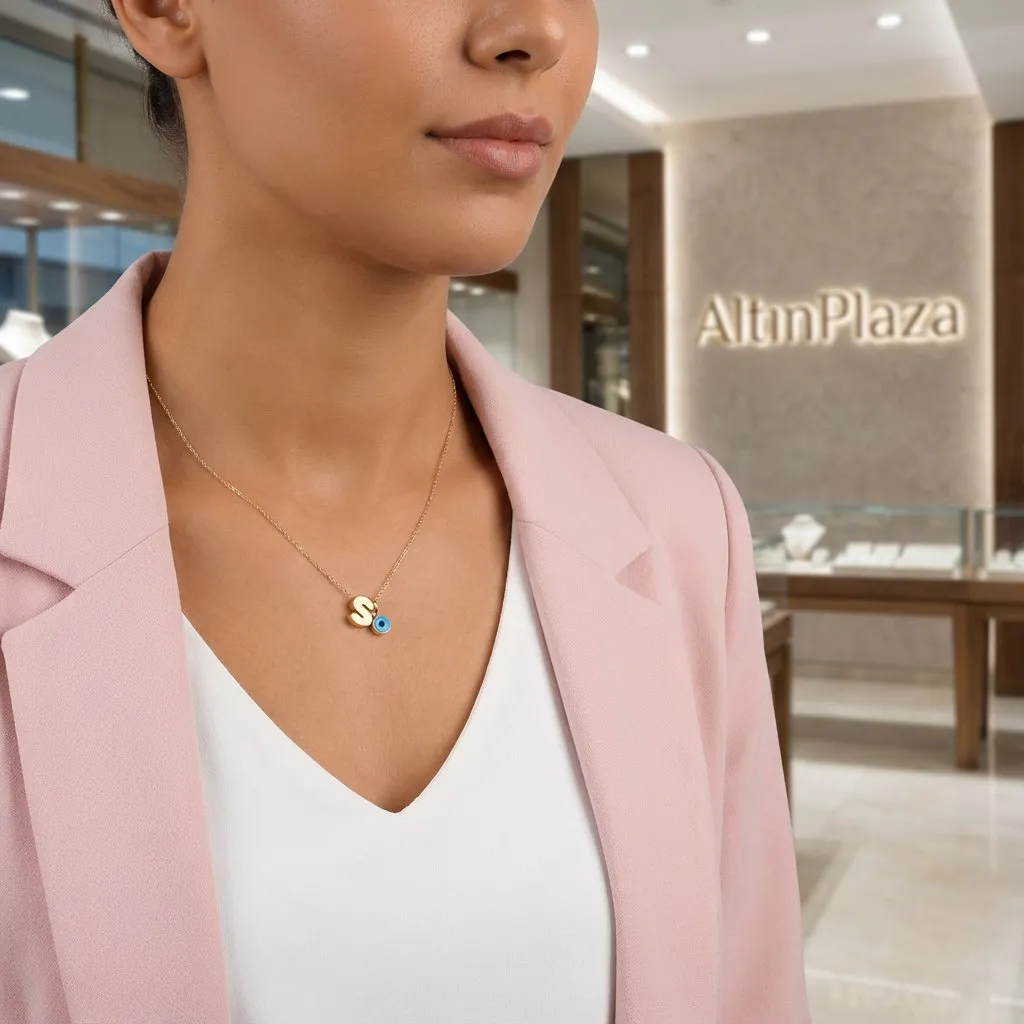 3 Boyutlu Nazar Boncuklu Altın Harf Kolye KL05999