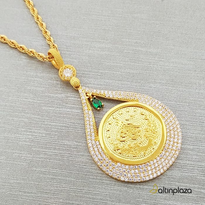 8 Ayar Altın Damla Desen Tuğra Kolye Yarım Altın Boyu