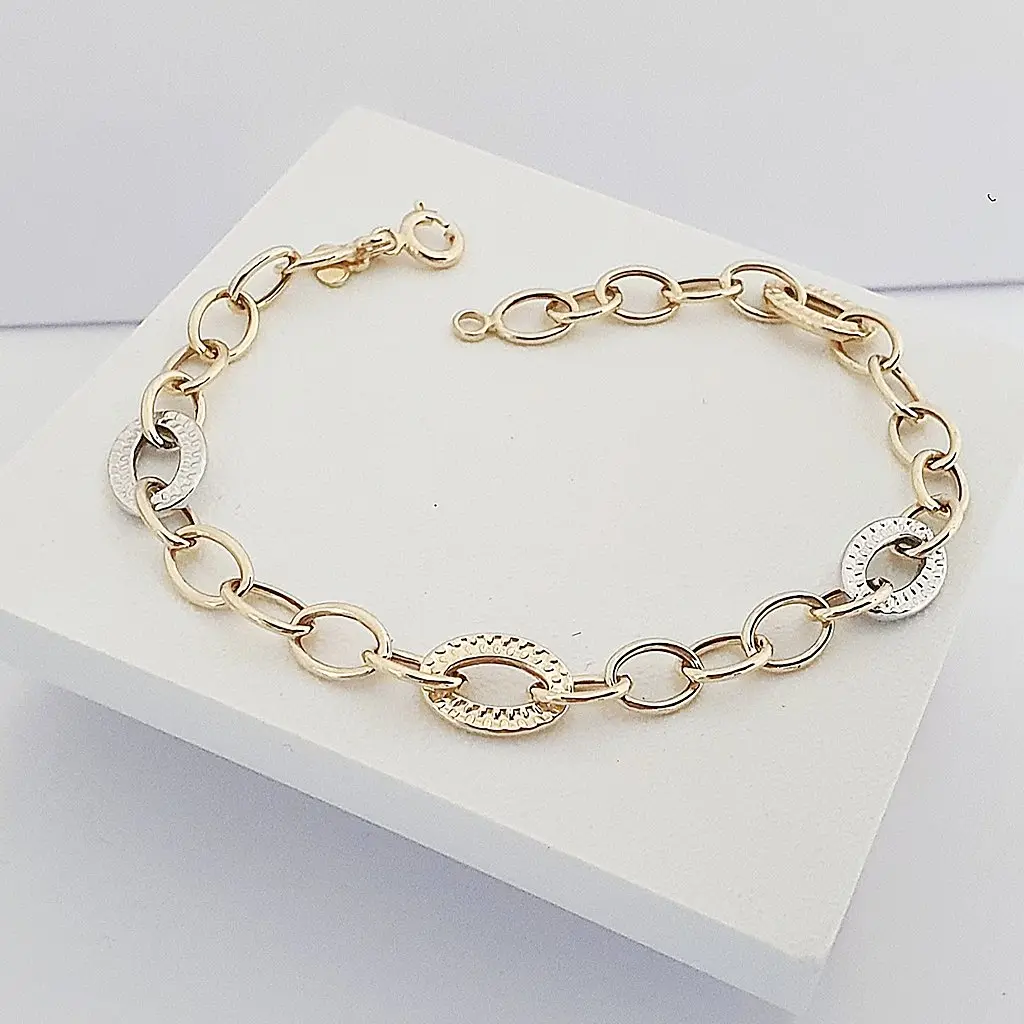 8 Ayar Beyaz-Sarı Altın Oval Halkalı Bileklik KN10949