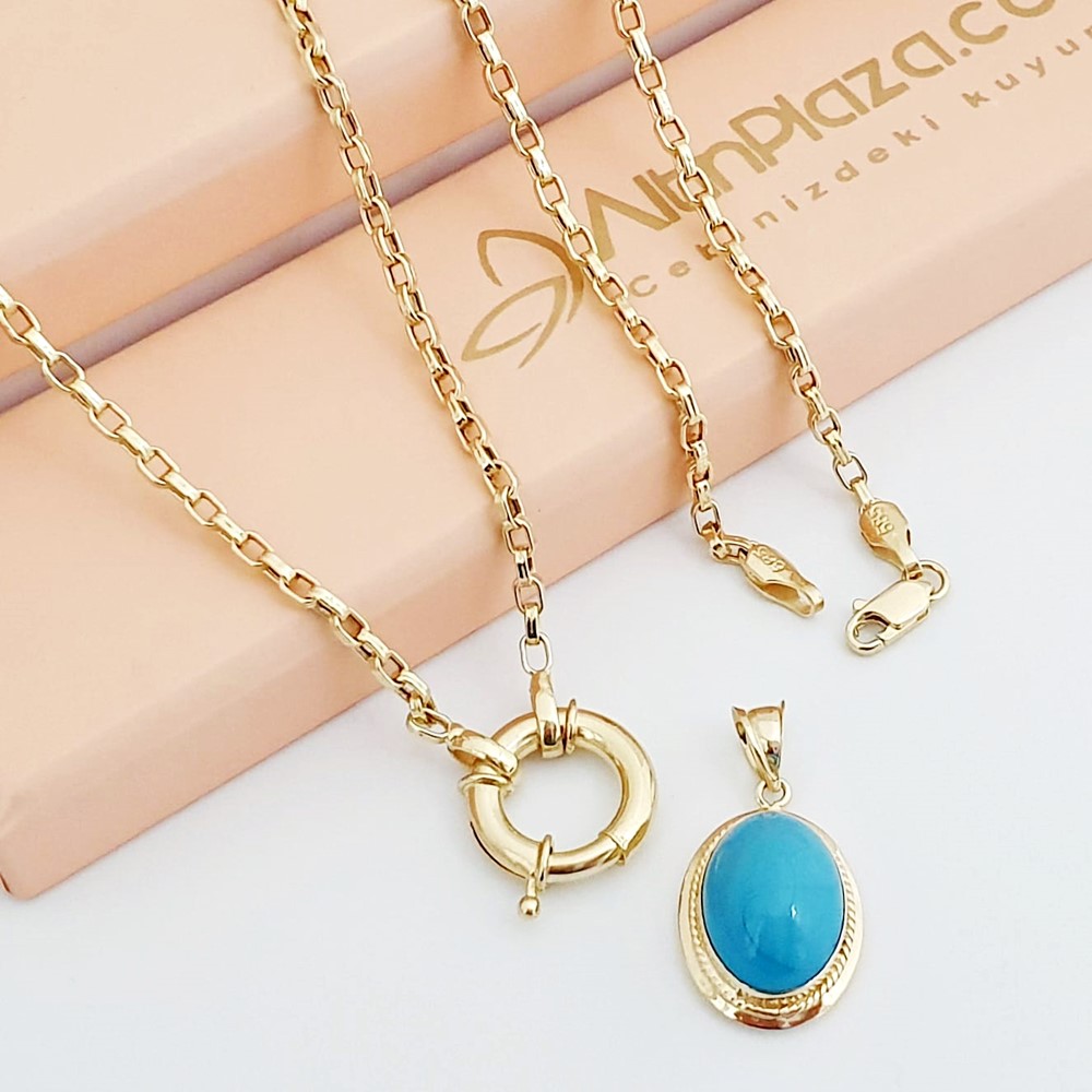 Altın Firuze Mavi Taşlı Kolye KL05745