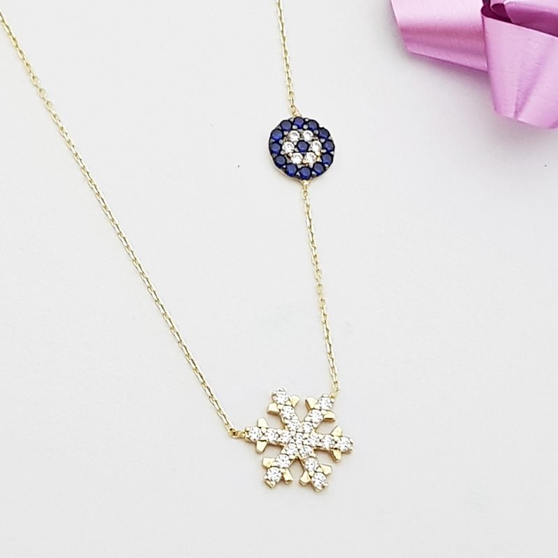 Altın Nazarlı Kar Tanesi Kolye Altın Plaza