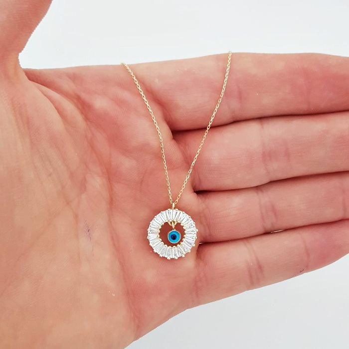 Baget Taşlı Nazar Boncuklu Zincir Altın Kolye KL05990