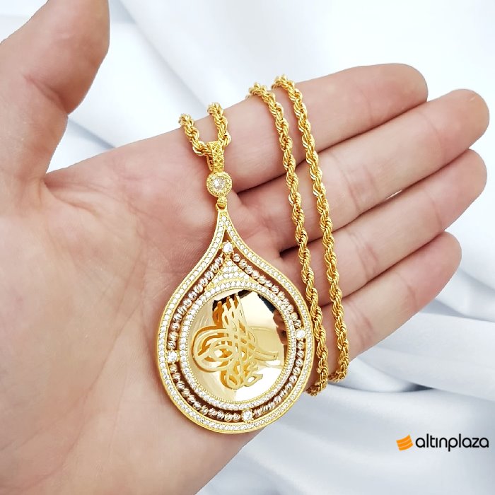 Damla Motifli Tam Altın Boyunda Heybetli Tuğra Kolye