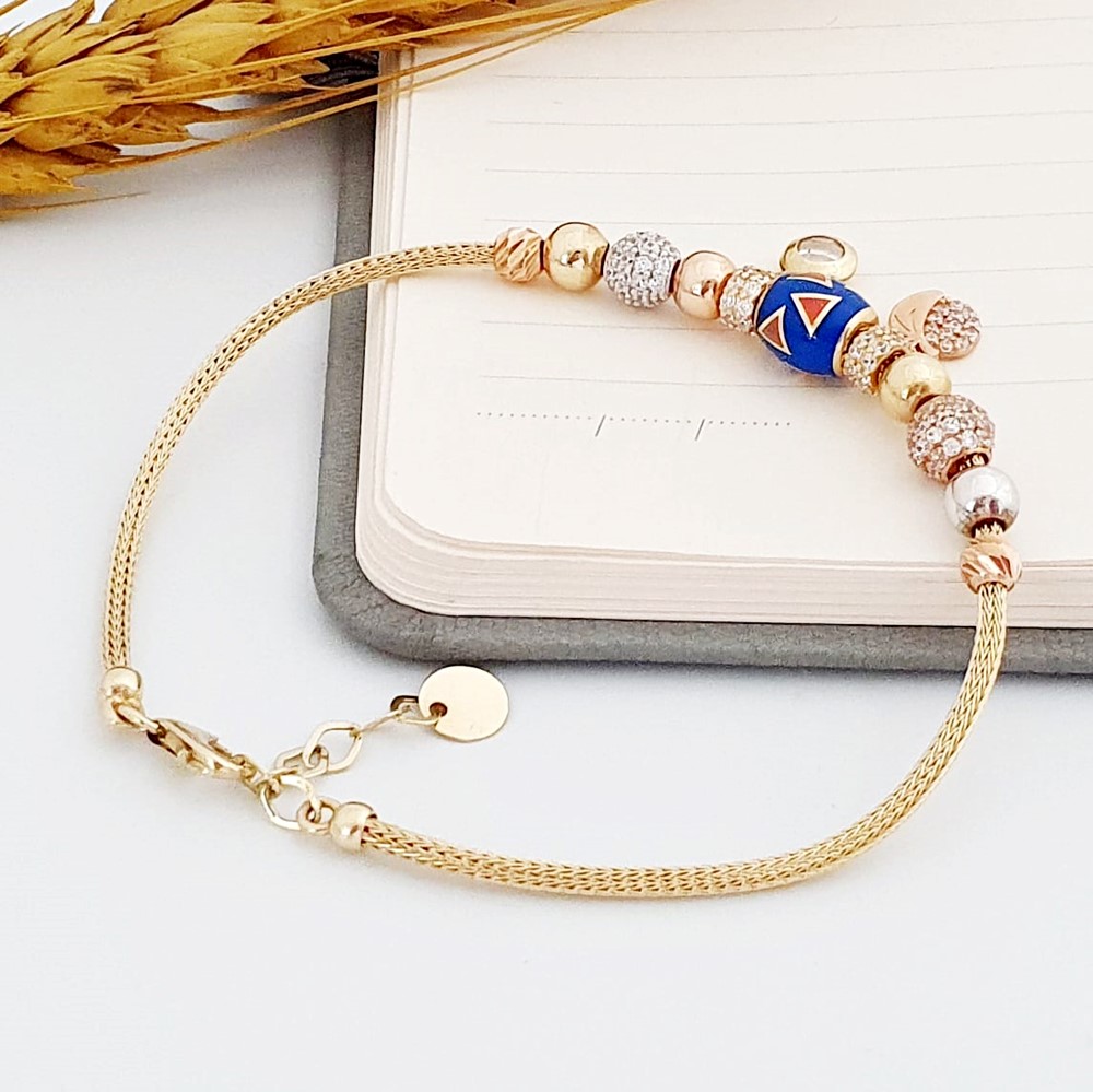 Mavi Mine Ve Toplarla Süslü Pandora Altın Bileklik FB00620