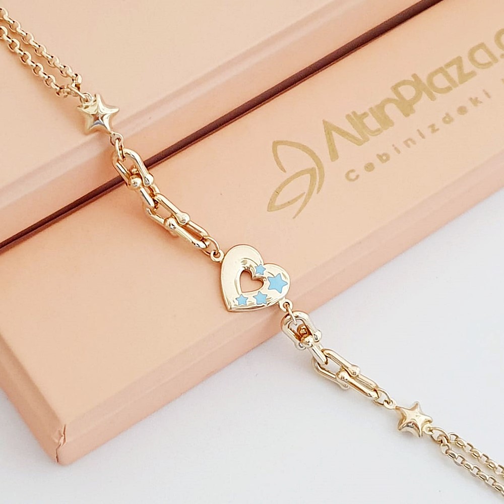 Mineli Kalp Figür Tiffany Zincir Altın Bileklik KN06230