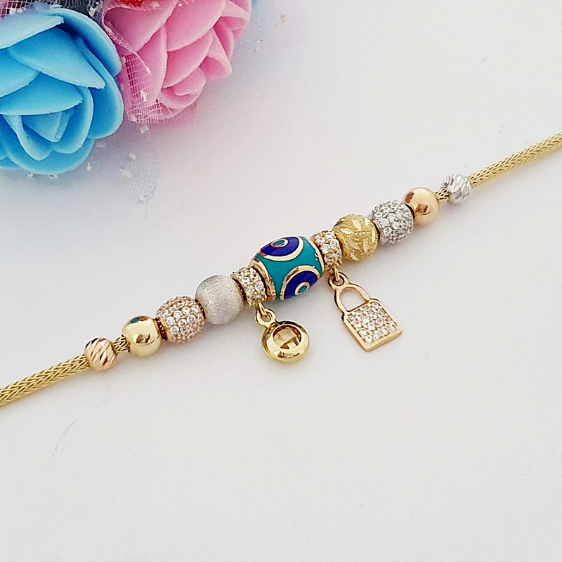 Nazar Boncuğu Tektaş Ve Kilit Detay Pandora Altın Bileklik