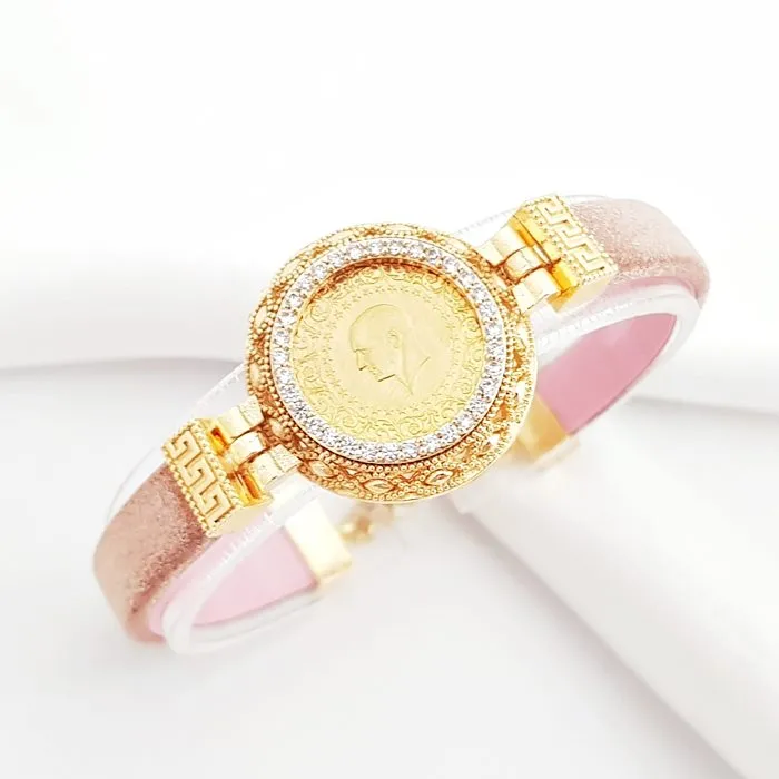 Pembe Kordonlu Çeyrek Altınlı Bileklik KN02879