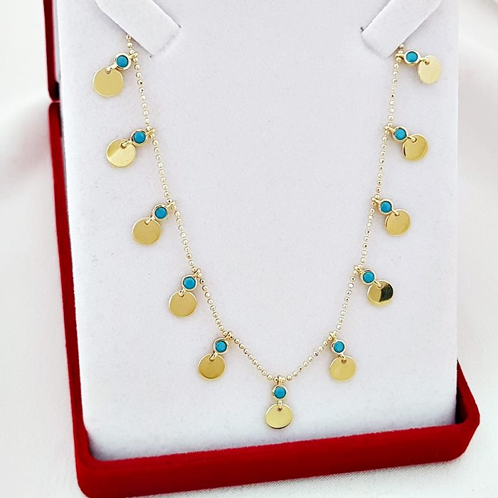 Pullu Mavi Firuze Taşlı Zincir Altın Kolye KL05880