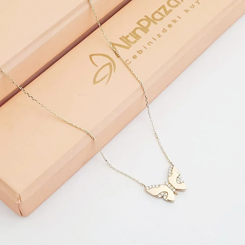 Sarı Altın Taşlı Kelebek Kolye KL10579