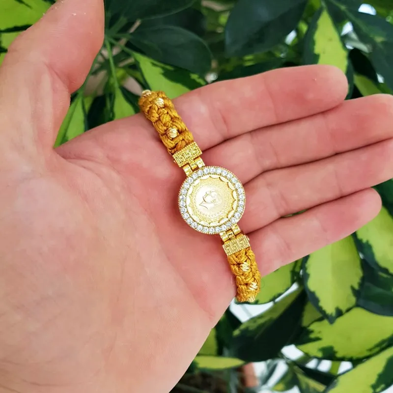 Sarı Varak Renkli Örgü İpli Çeyrek Altınlı Bileklik