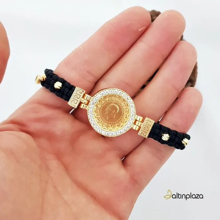 Siyah Ayarlanır Örgü İpli Çeyrek Altınlı Bileklik