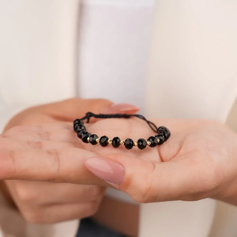 Siyah Taşlı Dorika Top İpli Altın Bileklik FB03298