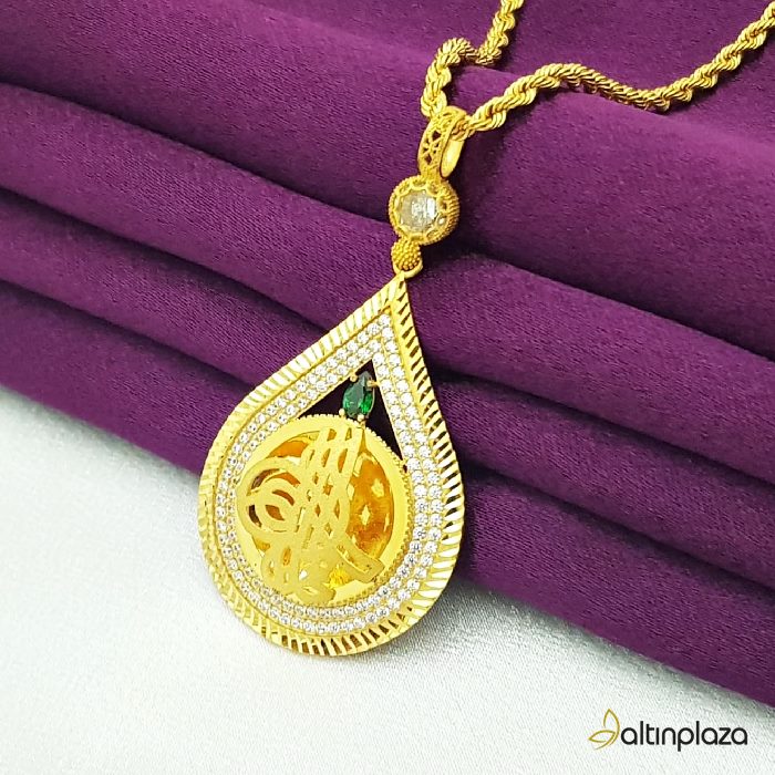 Su Yolu Taşlı Damla Desenli Tuğralı Altın Kolye