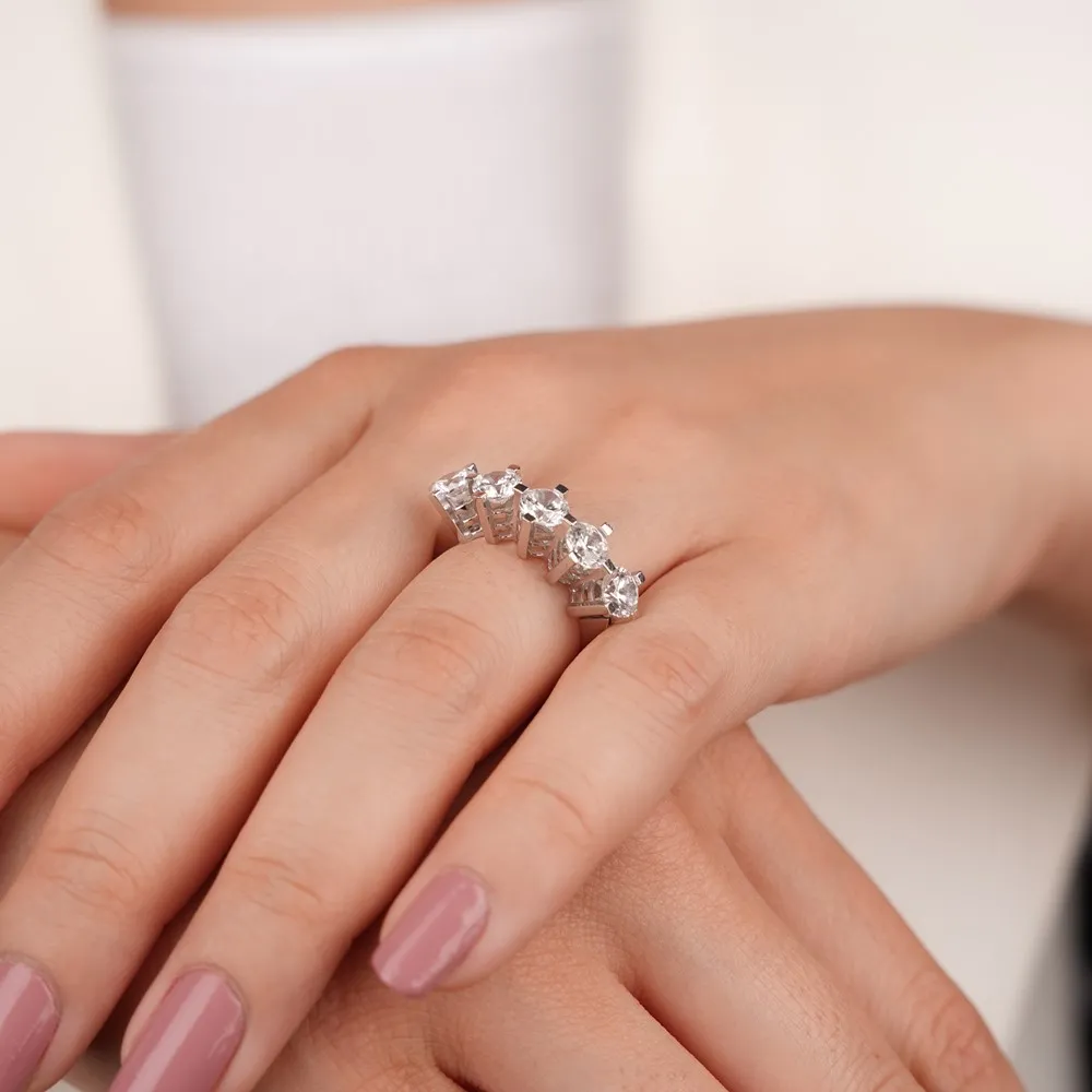 Swarovski Patentli Beyaz Altın 5 Taş Yüzük TK03001