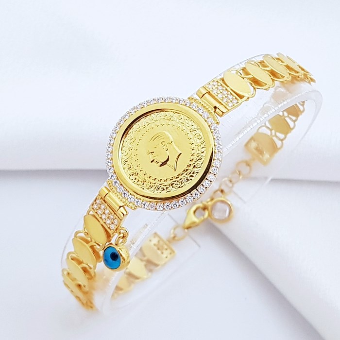 Taşlı Çerçeveli Yatay Pullu Çeyrek Altınlı Bileklik