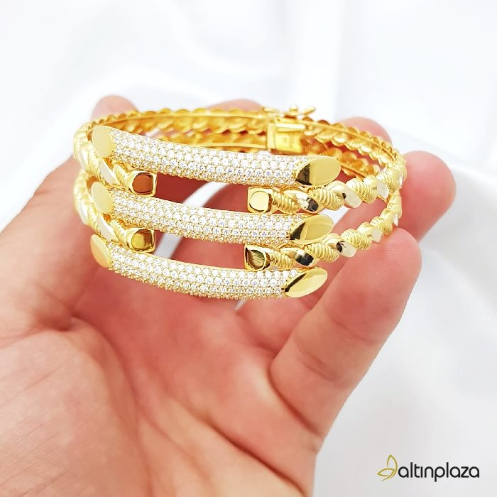 Üç Kollu Burma Desenli Kaburga Model Altın Kelepçe Bilezik