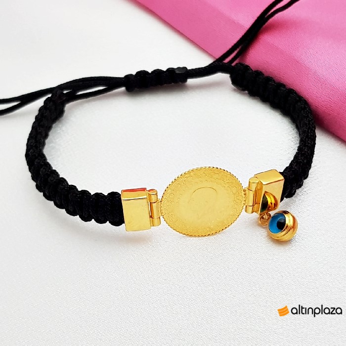 Çeyrek Altınlı Ve Nazar Boncuklu Örgü İpli Altın Bileklik