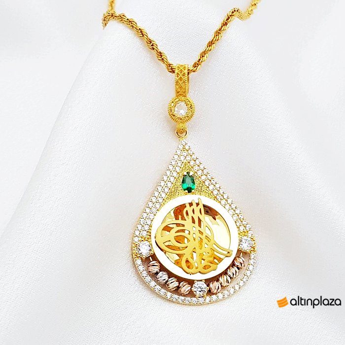 Dorika Toplu Yaşil Damlalı Tuğra Altın kolye