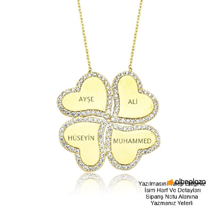 Dört Kalbin Oluşturduğu Altın İsimli Yonca Kolye