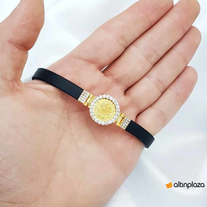 Küçük Reşat Baskılı Deri Kordonlu Altın Bileklik Altın Plaza