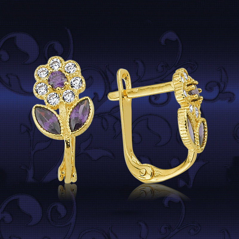 Mor Swarosvki Taşlı Altın Çocuk Küpeleri