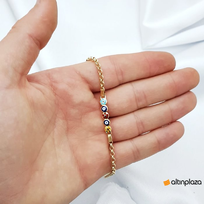Nazar Boncuğu Ve Çiçek Desenli Altın Çocuk Bilekliği