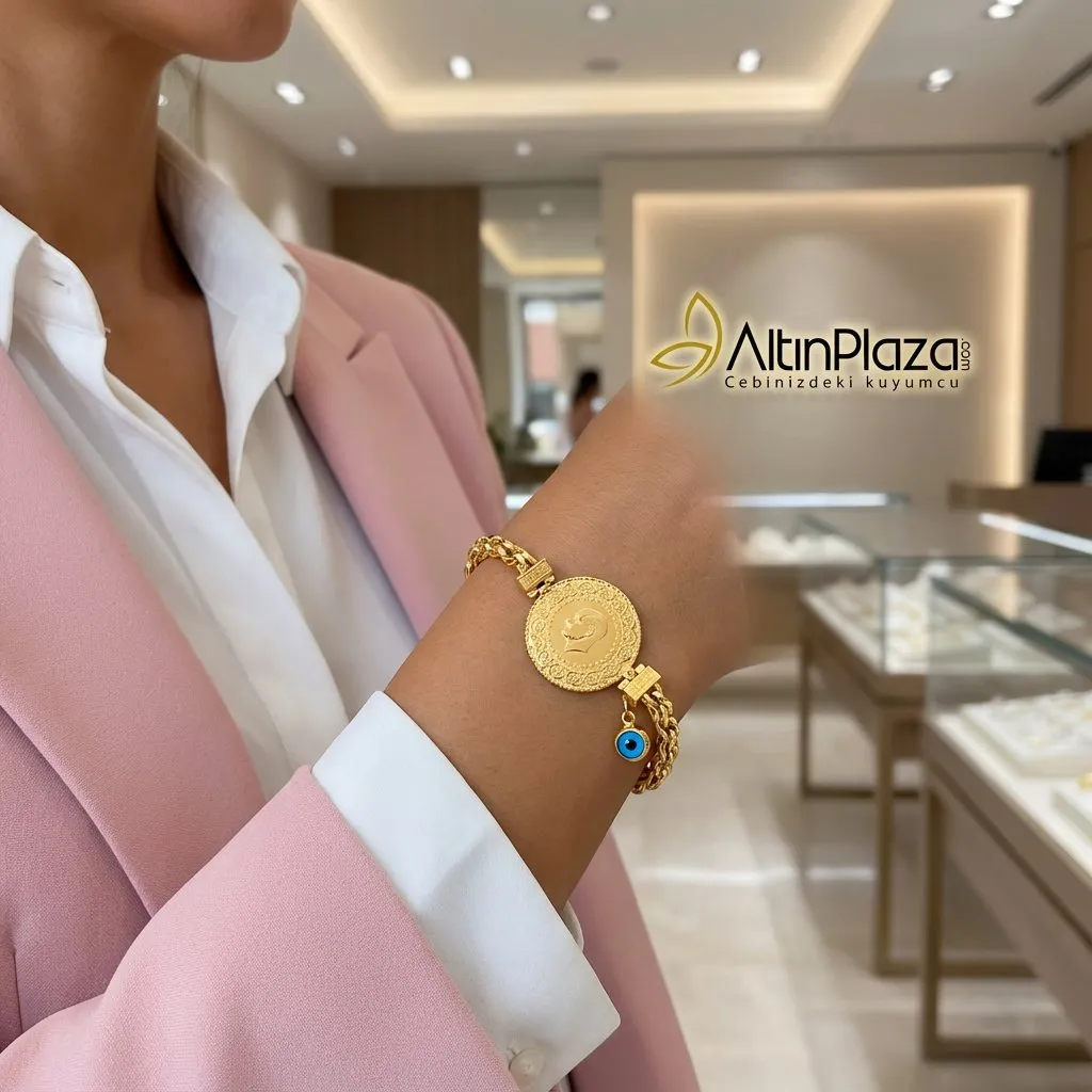 Nazar Boncuklu Güverse Zincir 22 Ayar Çeyrekli Bileklik KN08636