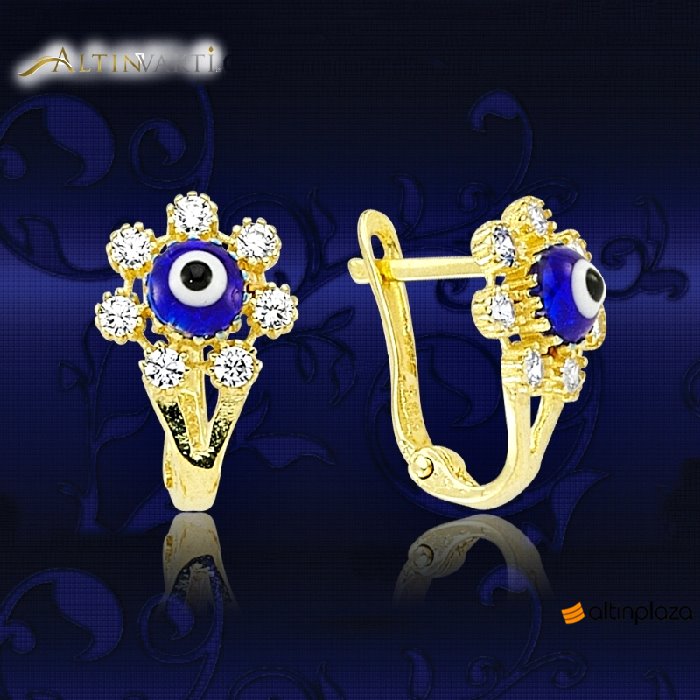 Papatya Desenli, Nazar Boncuklu Altın Çocuk Küpe